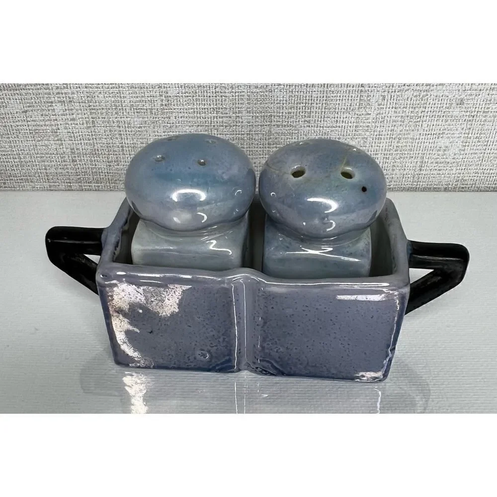 Handmade Blue And Black Mini Salt and Pepper Shakers With Holder